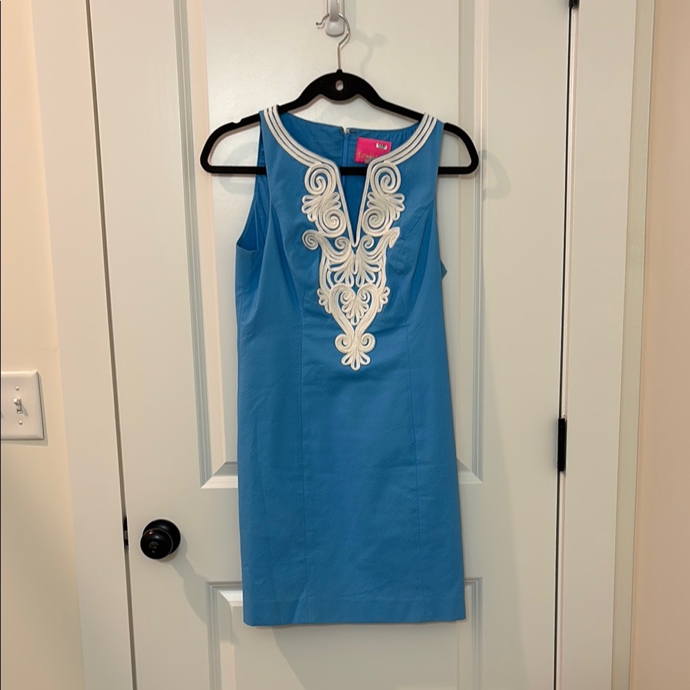 Blue Sleeveless Dress with White Embroidery
